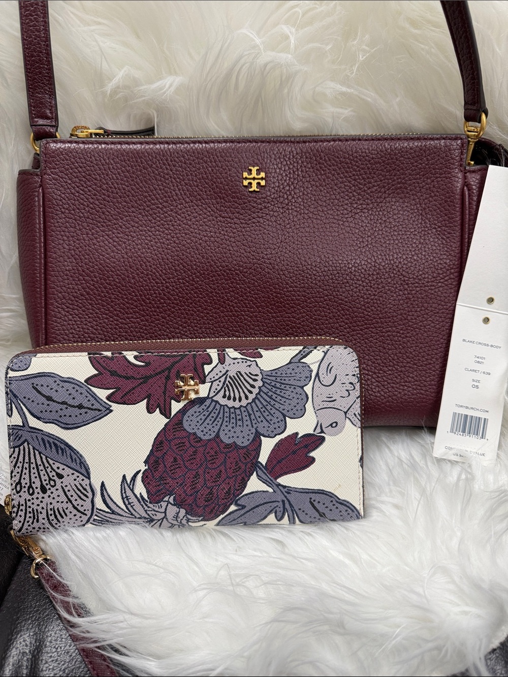 Tory Burch Burgundy Pebbled Leather Crossbody with Floral Zip Wallet - Picture 2 of 7